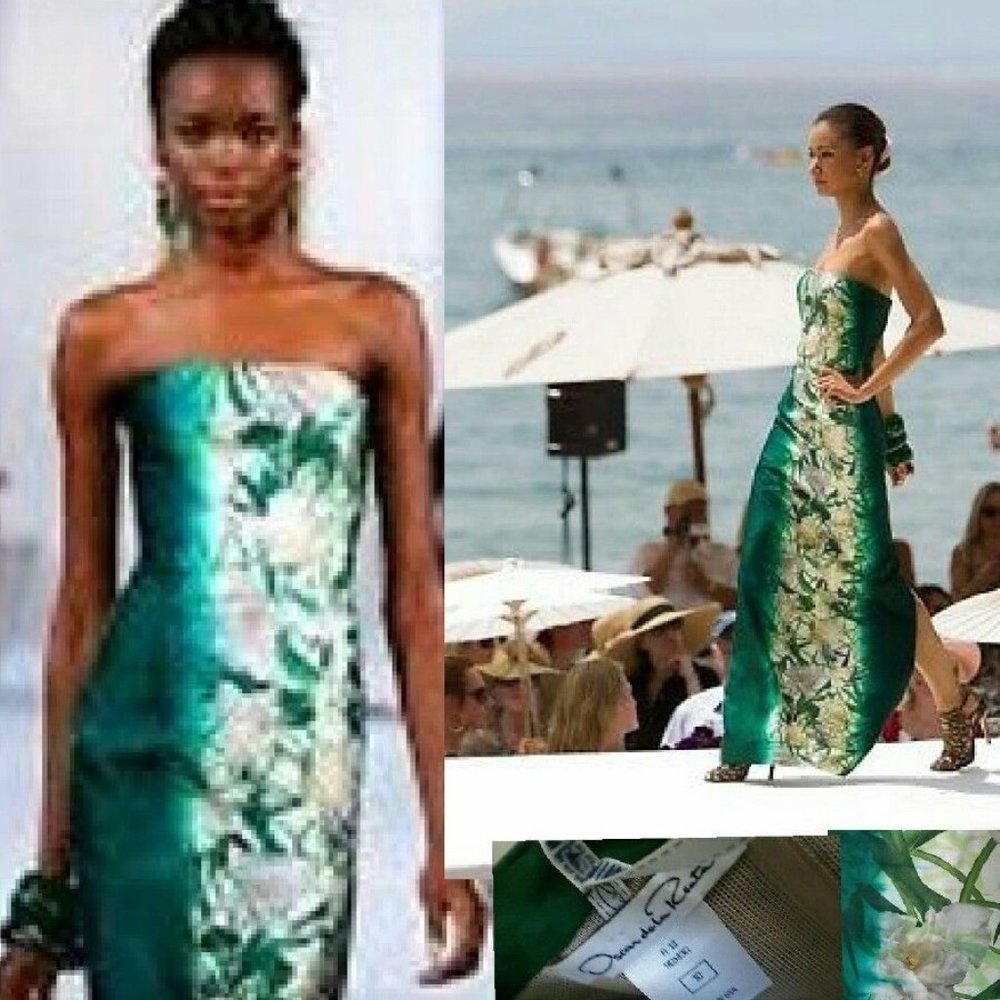 ○$4,800 OSCAR DE LA RENTA GREEN FLORAL SILK GOWN US 10 L - Picture 13 of 16